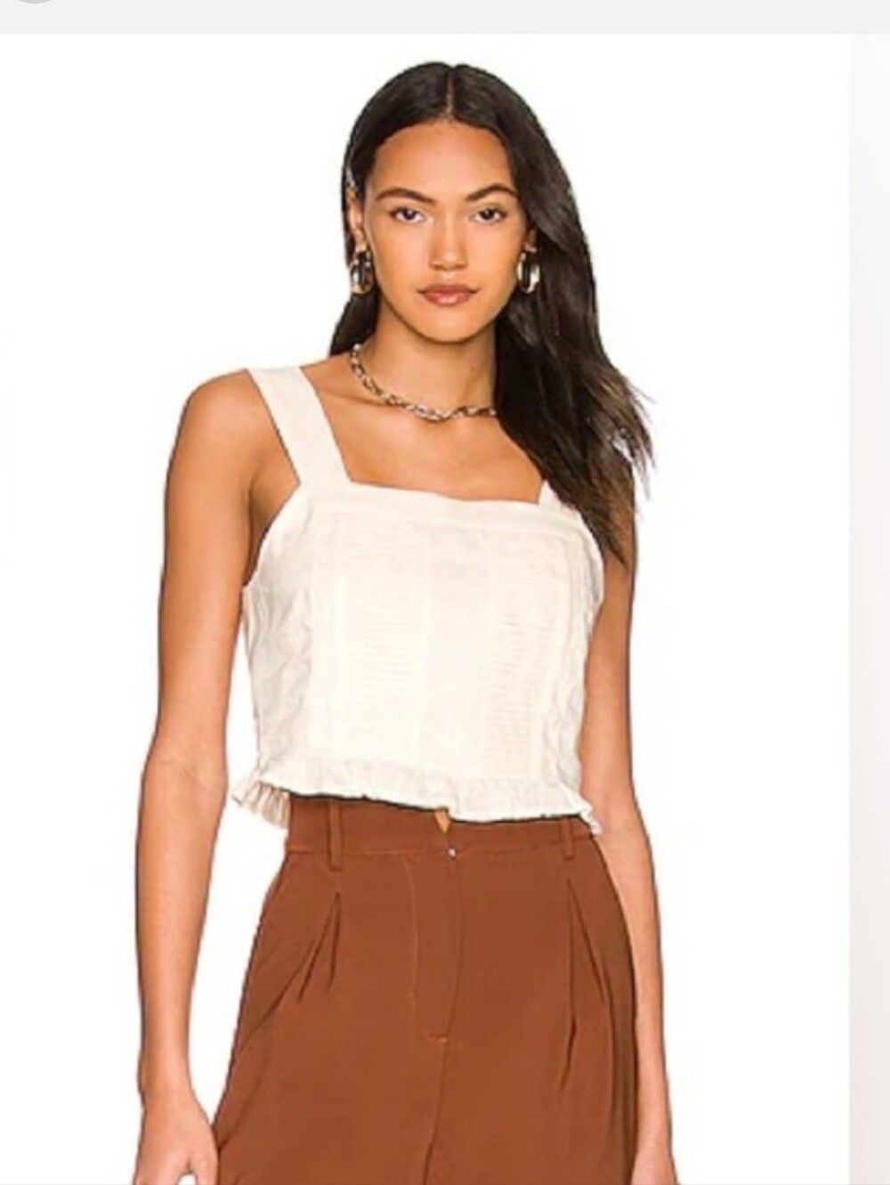 Ruffled Square Neck Linen Crop Top in Cream